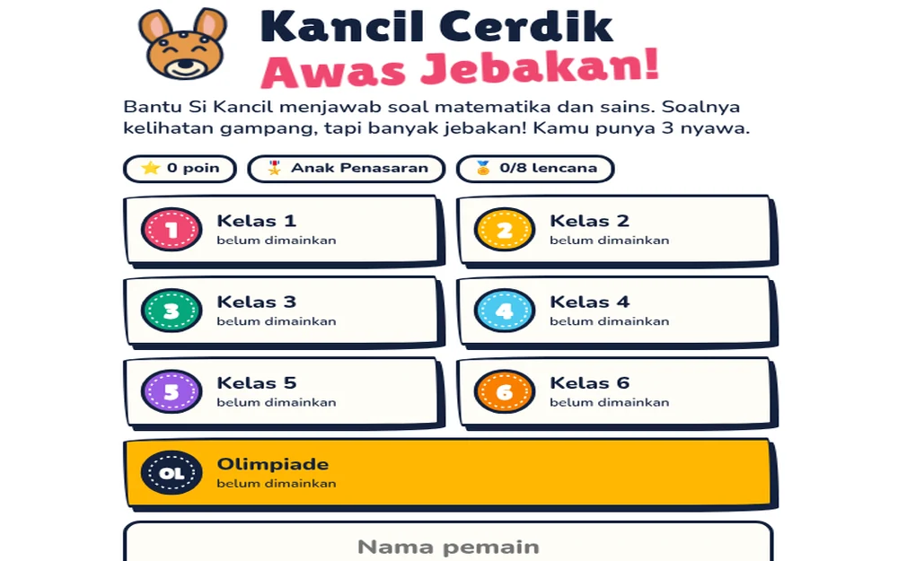 Tampilan asli game Kancil Cerdik dengan tantangan matematika dan sains