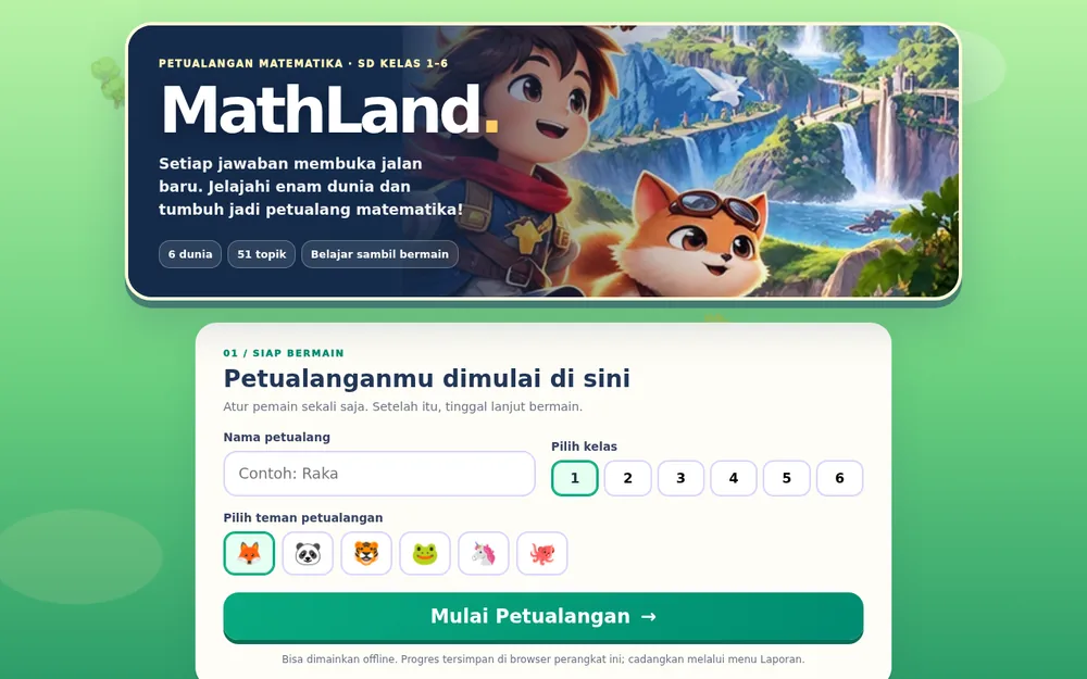 Tampilan game MathLand SD dengan karakter anak dan rubah di dunia petualangan